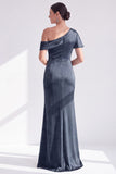 Black Velvet One Shoulder Mermaid Long Mother of the Bride Dress with Sleeve