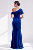 Black Velvet One Shoulder Mermaid Long Mother of the Bride Dress with Sleeve