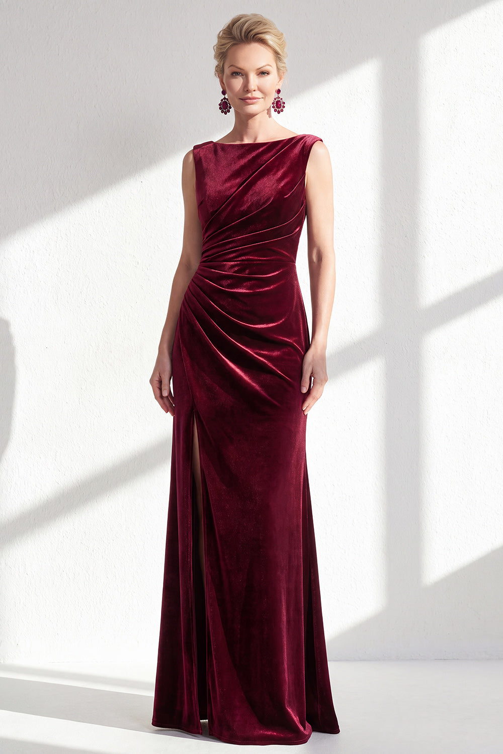Burgundy Velvet Bateau Neck Mermaid Long Mother of the Bride Dress with Slit