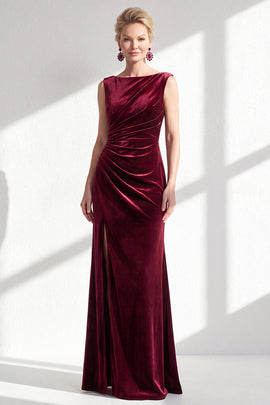 Burgundy Velvet Bateau Neck Mermaid Long Mother of the Bride Dress with Slit