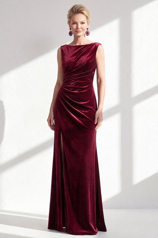 Burgundy Velvet Bateau Neck Mermaid Long Mother of the Bride Dress with Slit