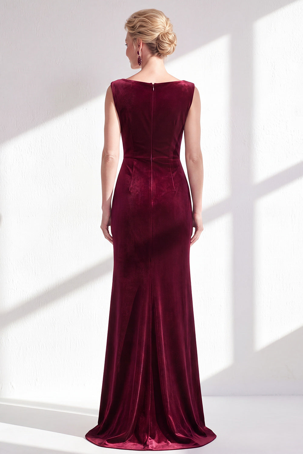Burgundy Velvet Bateau Neck Mermaid Long Mother of the Bride Dress with Slit