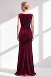 Burgundy Velvet Bateau Neck Mermaid Long Mother of the Bride Dress with Slit