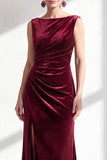 Burgundy Velvet Bateau Neck Mermaid Long Mother of the Bride Dress with Slit