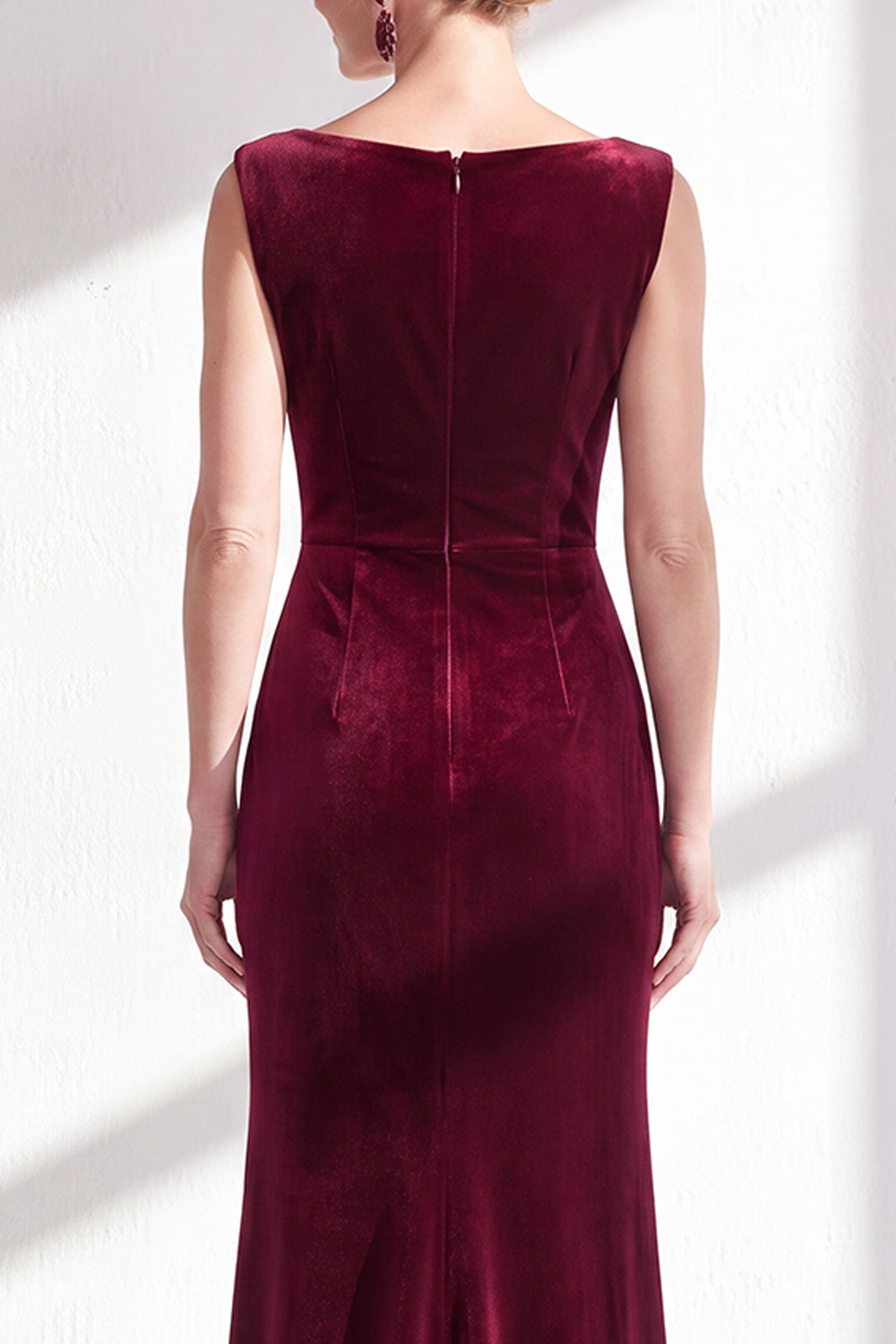 Burgundy Velvet Bateau Neck Mermaid Long Mother of the Bride Dress with Slit