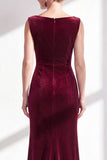 Burgundy Velvet Bateau Neck Mermaid Long Mother of the Bride Dress with Slit