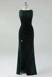 Burgundy Velvet Bateau Neck Mermaid Long Mother of the Bride Dress with Slit
