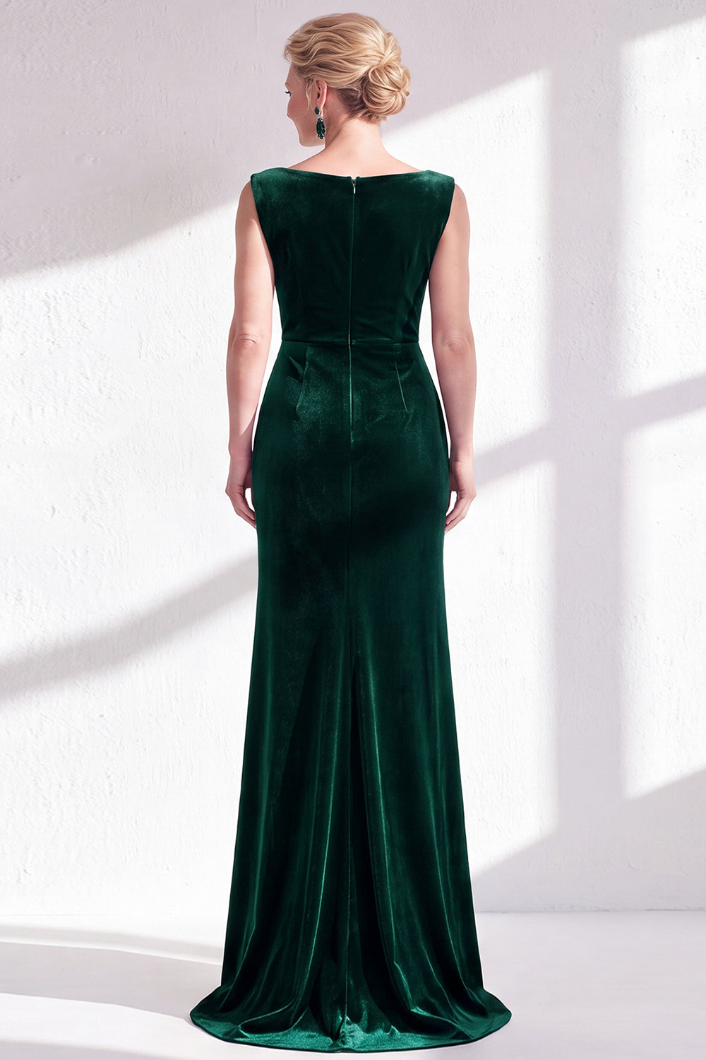 Burgundy Velvet Bateau Neck Mermaid Long Mother of the Bride Dress with Slit