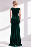Burgundy Velvet Bateau Neck Mermaid Long Mother of the Bride Dress with Slit