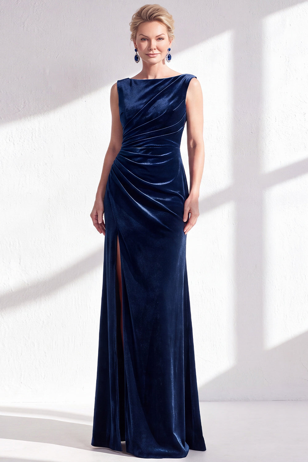 Burgundy Velvet Bateau Neck Mermaid Long Mother of the Bride Dress with Slit