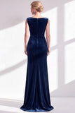 Burgundy Velvet Bateau Neck Mermaid Long Mother of the Bride Dress with Slit