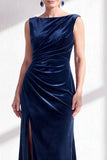 Burgundy Velvet Bateau Neck Mermaid Long Mother of the Bride Dress with Slit