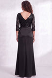 Black Floral Lace Sequin Mermaid Long Mother of the Bride Dress with Slit