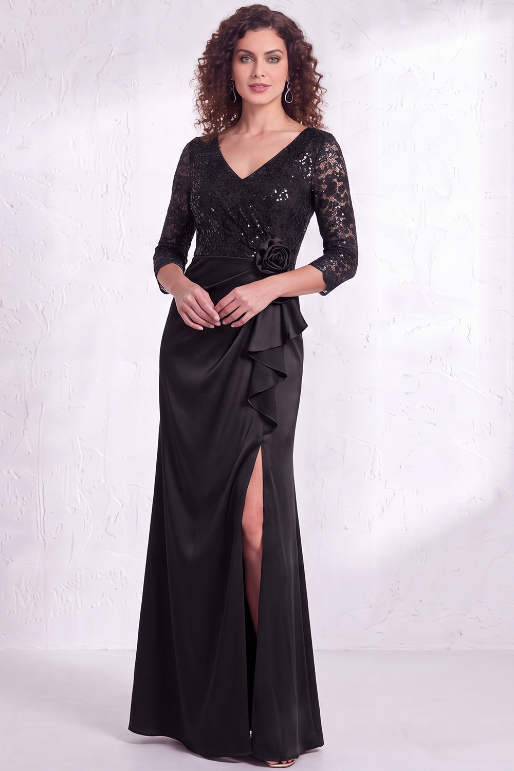 Black Floral Lace Sequin Mermaid Long Mother of the Bride Dress with Slit