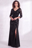 Black Floral Lace Sequin Mermaid Long Mother of the Bride Dress with Slit