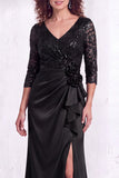 Black Floral Lace Sequin Mermaid Long Mother of the Bride Dress with Slit