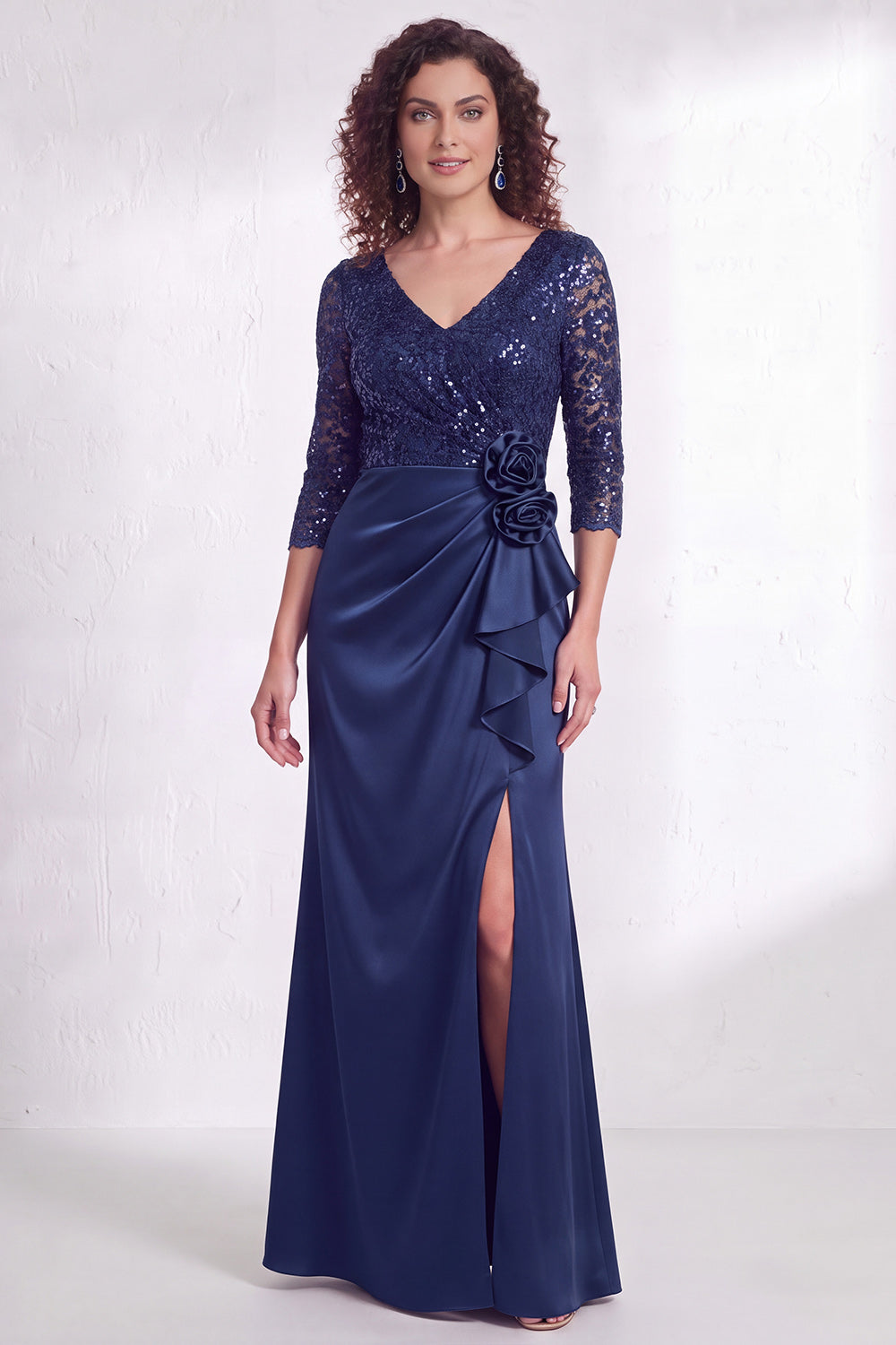 Black Floral Lace Sequin Mermaid Long Mother of the Bride Dress with Slit