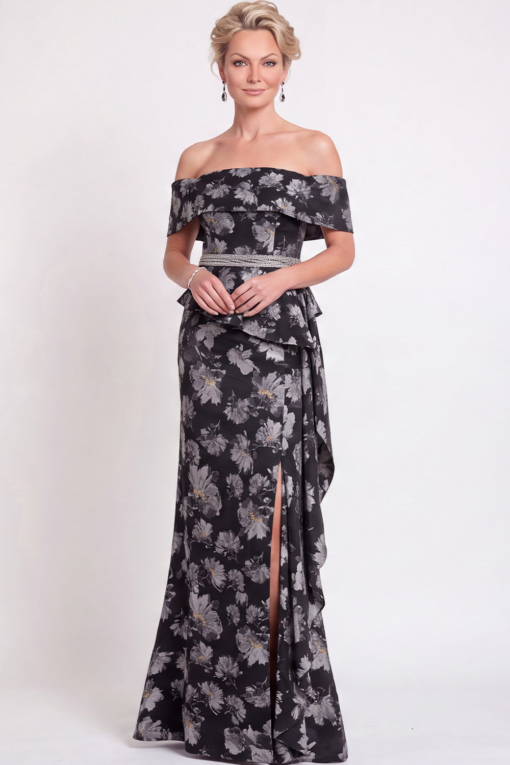 Black Floral Off the Shoulder Mermaid Long Mother of the Bride Dress with Slit