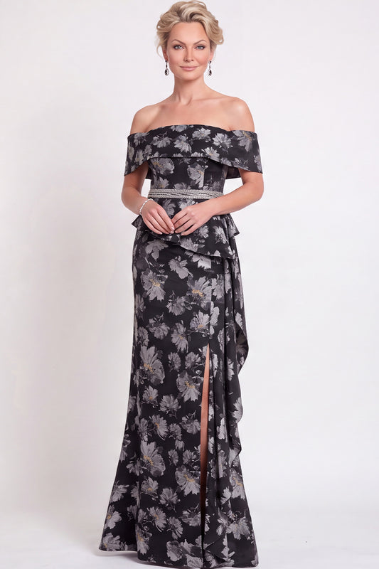 Black Floral Off the Shoulder Mermaid Long Mother of the Bride Dress with Slit
