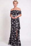Black Floral Off the Shoulder Mermaid Long Mother of the Bride Dress with Slit