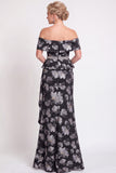 Black Floral Off the Shoulder Mermaid Long Mother of the Bride Dress with Slit