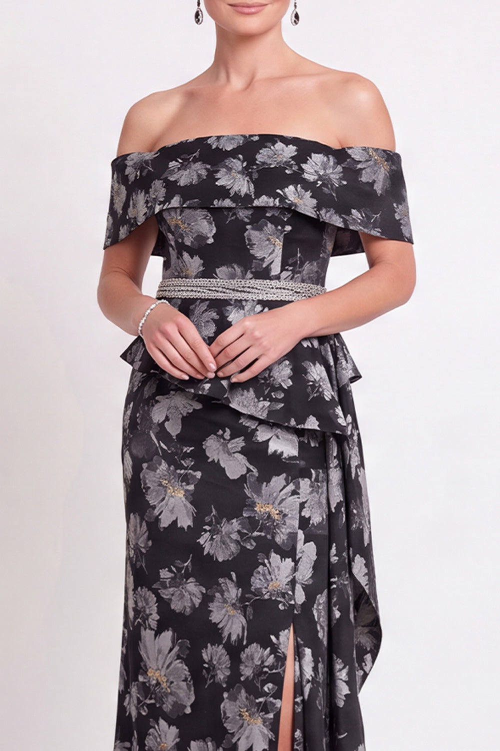 Black Floral Off the Shoulder Mermaid Long Mother of the Bride Dress with Slit