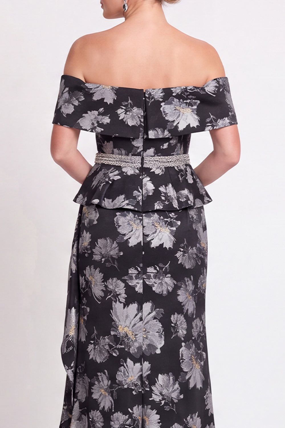 Black Floral Off the Shoulder Mermaid Long Mother of the Bride Dress with Slit