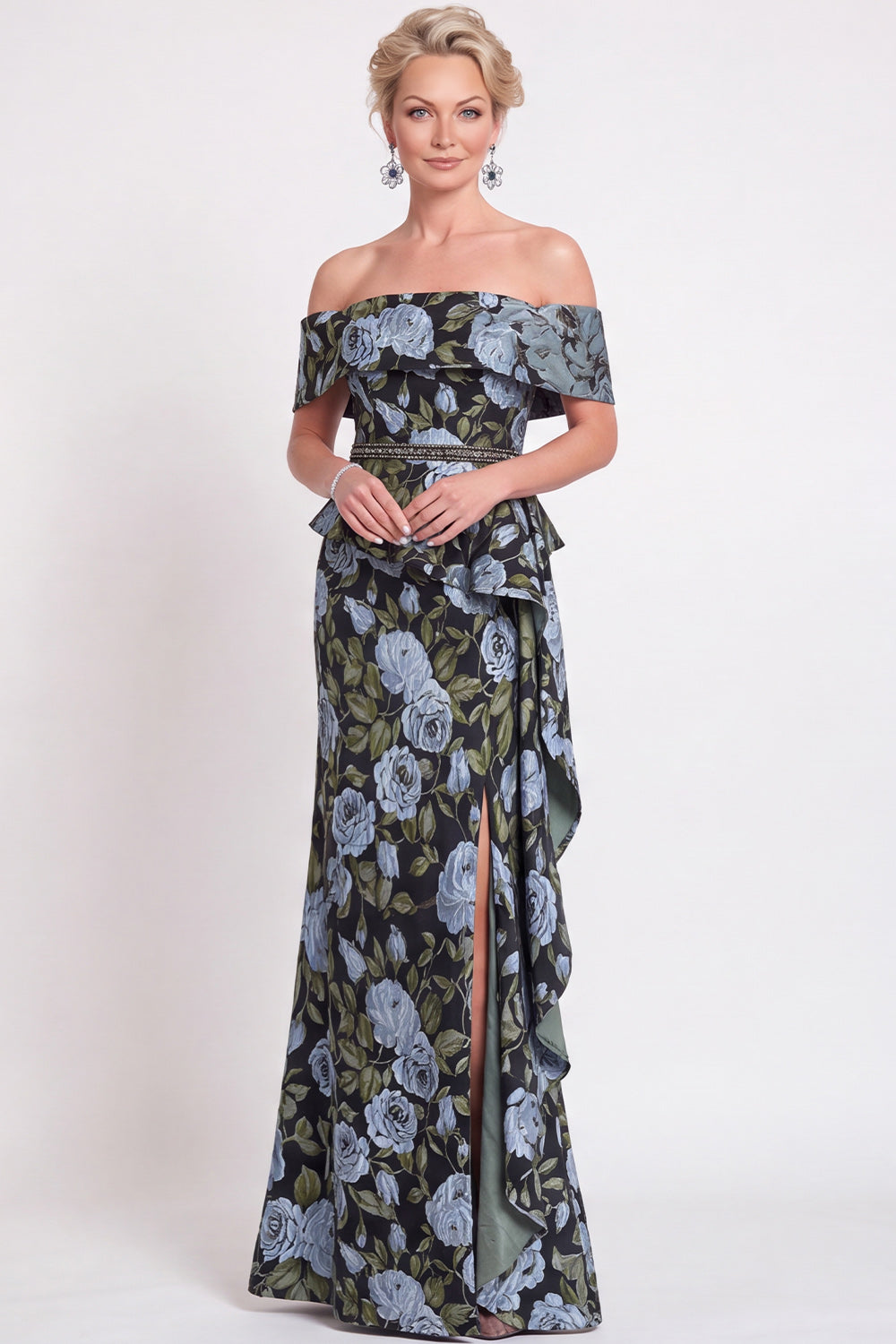 Black Floral Off the Shoulder Mermaid Long Mother of the Bride Dress with Slit