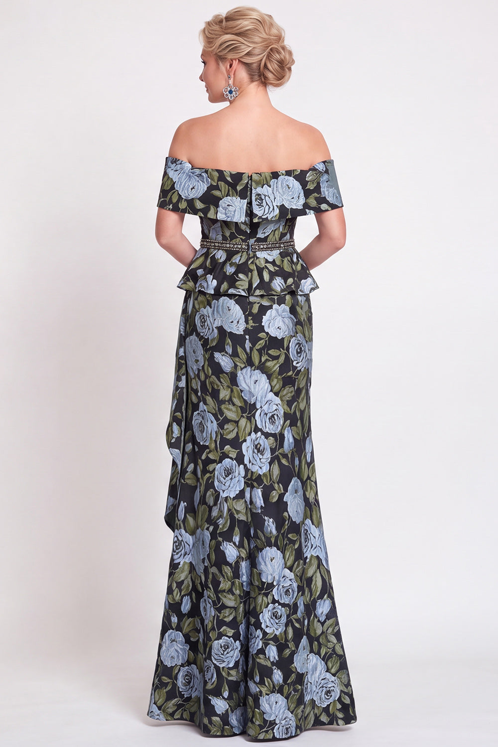 Black Floral Off the Shoulder Mermaid Long Mother of the Bride Dress with Slit