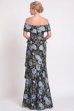 Black Floral Off the Shoulder Mermaid Long Mother of the Bride Dress with Slit