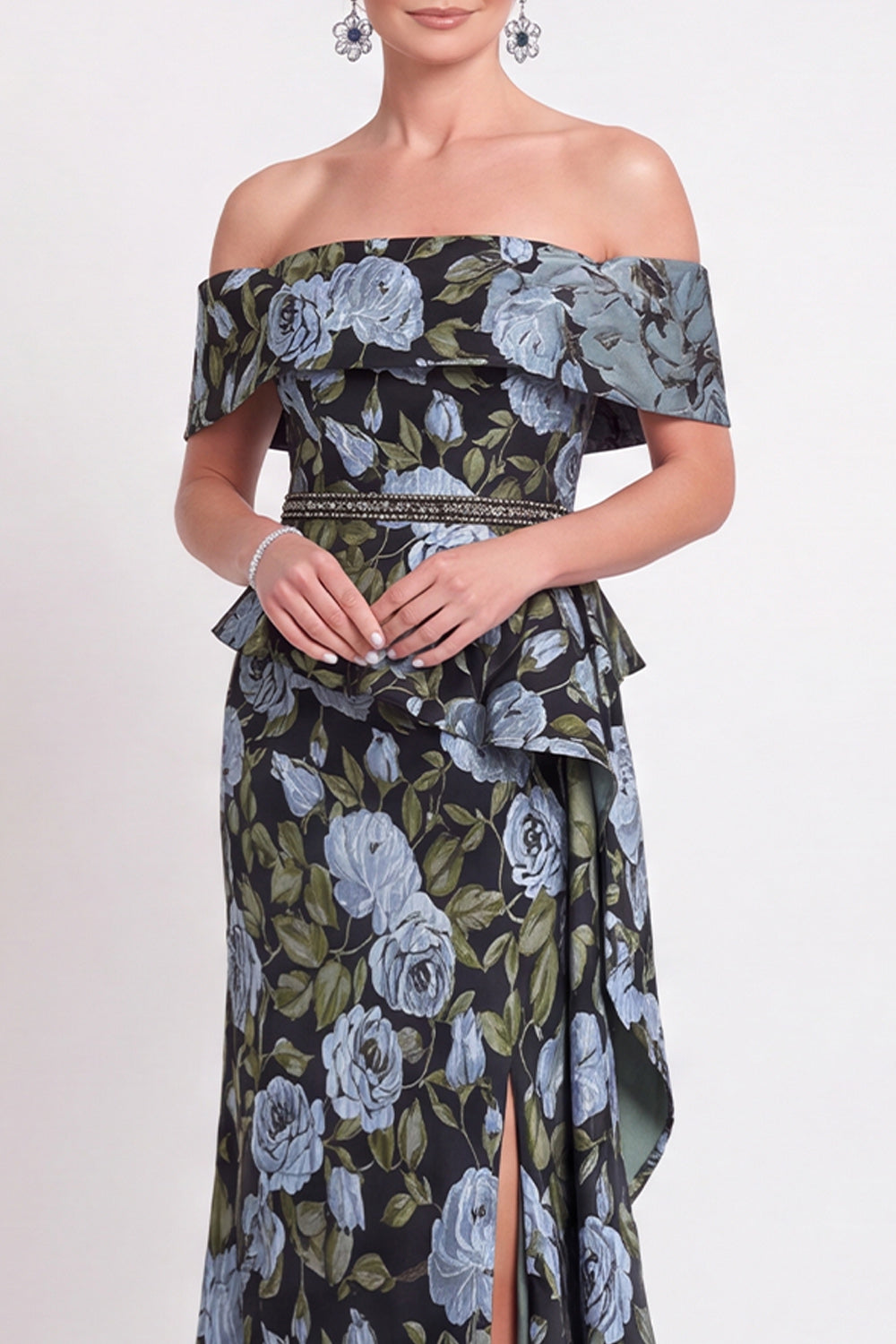 Black Floral Off the Shoulder Mermaid Long Mother of the Bride Dress with Slit