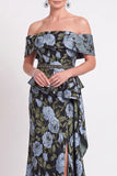 Black Floral Off the Shoulder Mermaid Long Mother of the Bride Dress with Slit