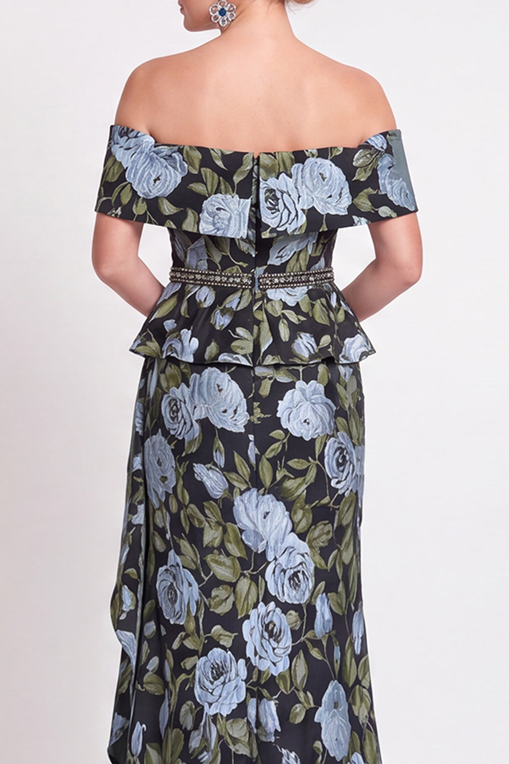 Black Floral Off the Shoulder Mermaid Long Mother of the Bride Dress with Slit