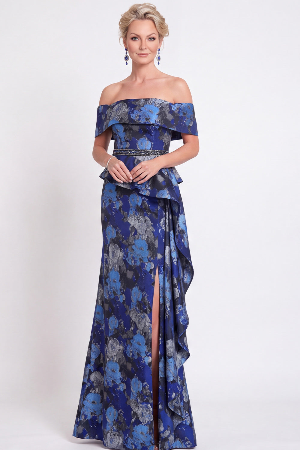 Black Floral Off the Shoulder Mermaid Long Mother of the Bride Dress with Slit