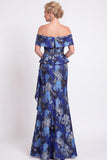 Black Floral Off the Shoulder Mermaid Long Mother of the Bride Dress with Slit