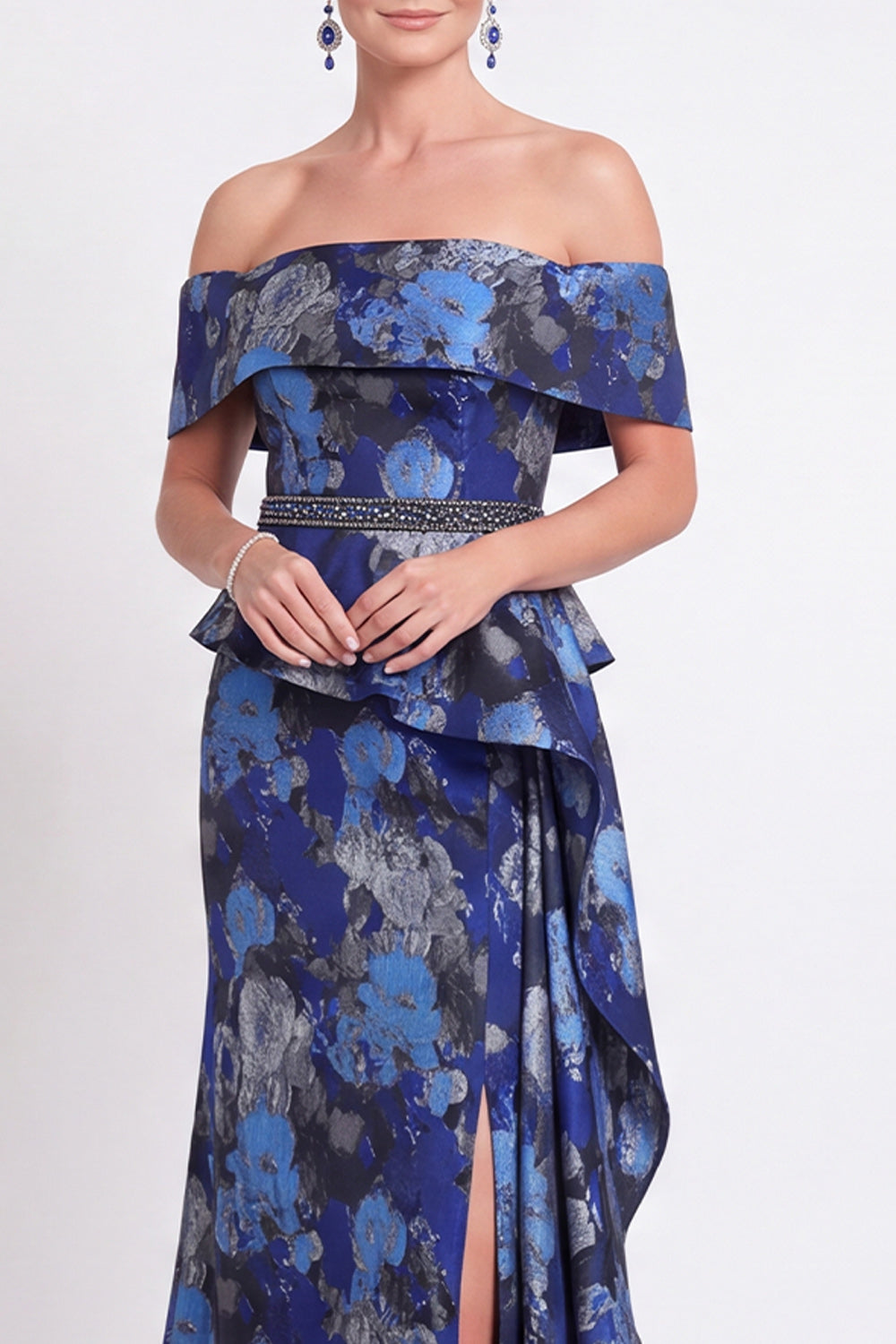 Black Floral Off the Shoulder Mermaid Long Mother of the Bride Dress with Slit