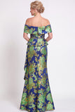 Black Floral Off the Shoulder Mermaid Long Mother of the Bride Dress with Slit