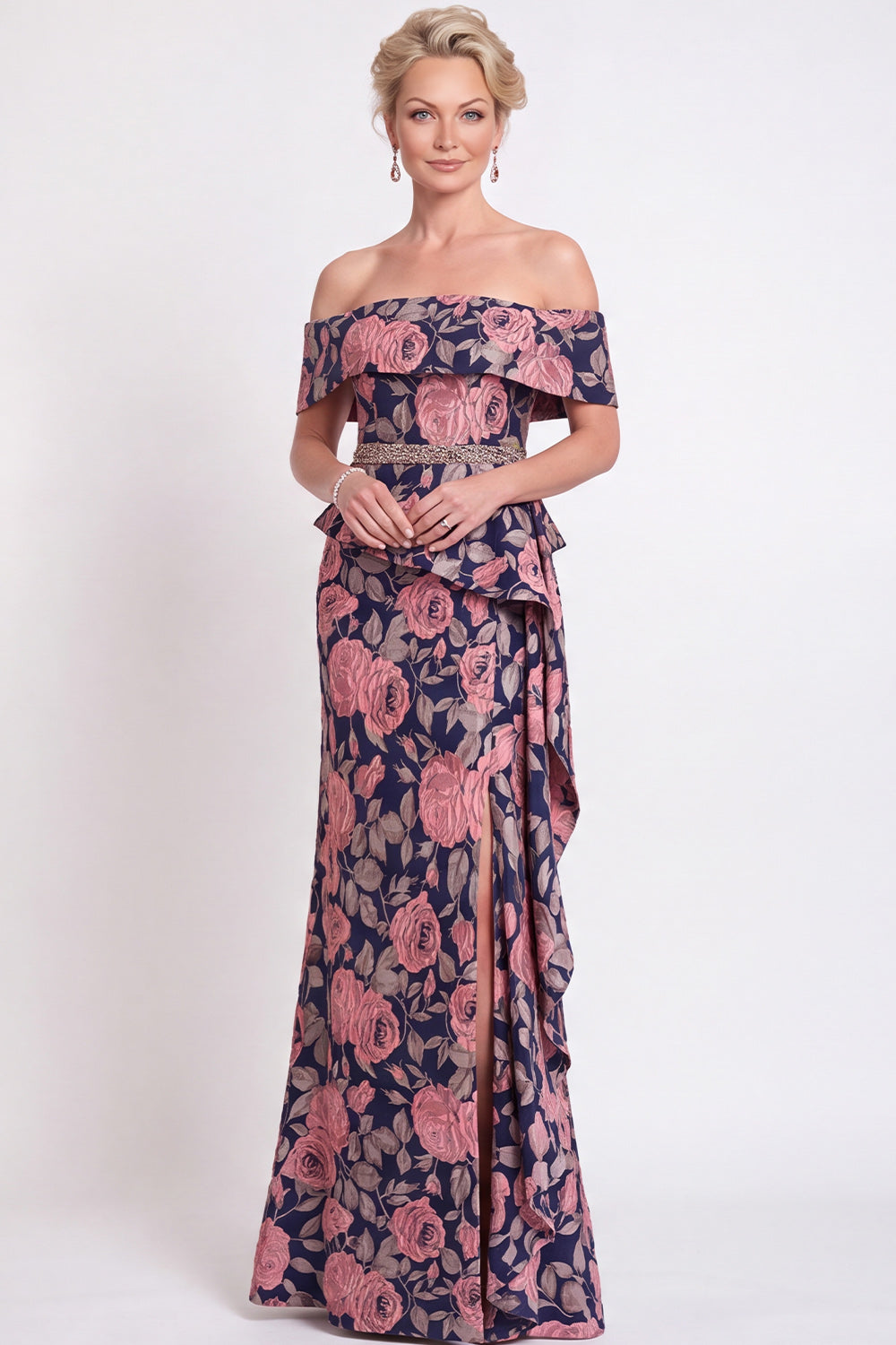 Black Floral Off the Shoulder Mermaid Long Mother of the Bride Dress with Slit