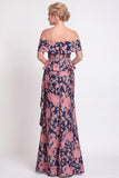Black Floral Off the Shoulder Mermaid Long Mother of the Bride Dress with Slit