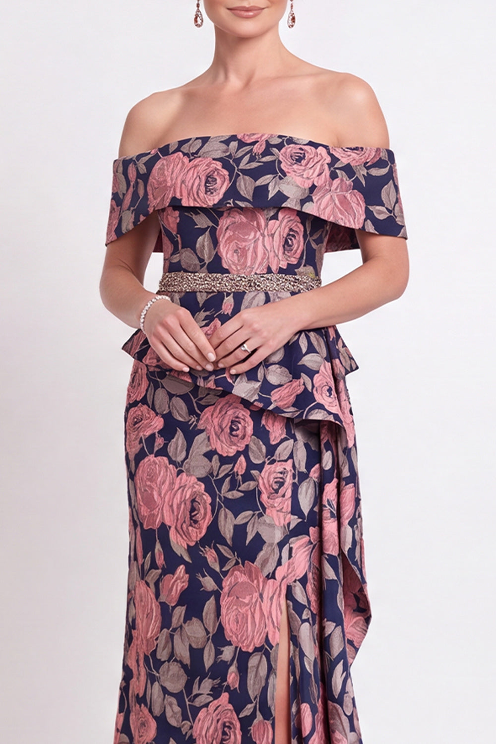 Black Floral Off the Shoulder Mermaid Long Mother of the Bride Dress with Slit