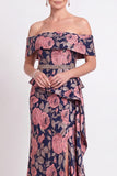 Black Floral Off the Shoulder Mermaid Long Mother of the Bride Dress with Slit