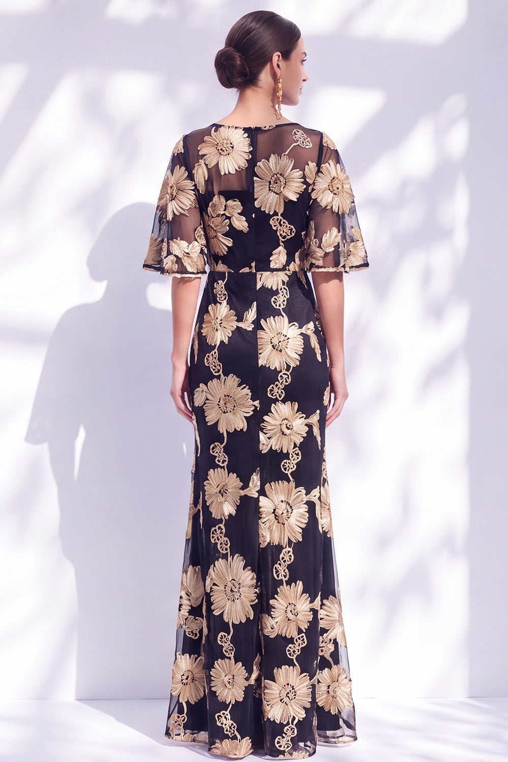Black Champagne Floral Illusin Boat Neck Mermaid Long Mother of the Bride Dress