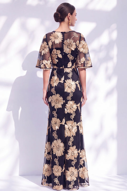 Black Champagne Floral Illusin Boat Neck Mermaid Long Mother of the Bride Dress