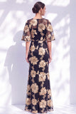 Black Champagne Floral Illusin Boat Neck Mermaid Long Mother of the Bride Dress