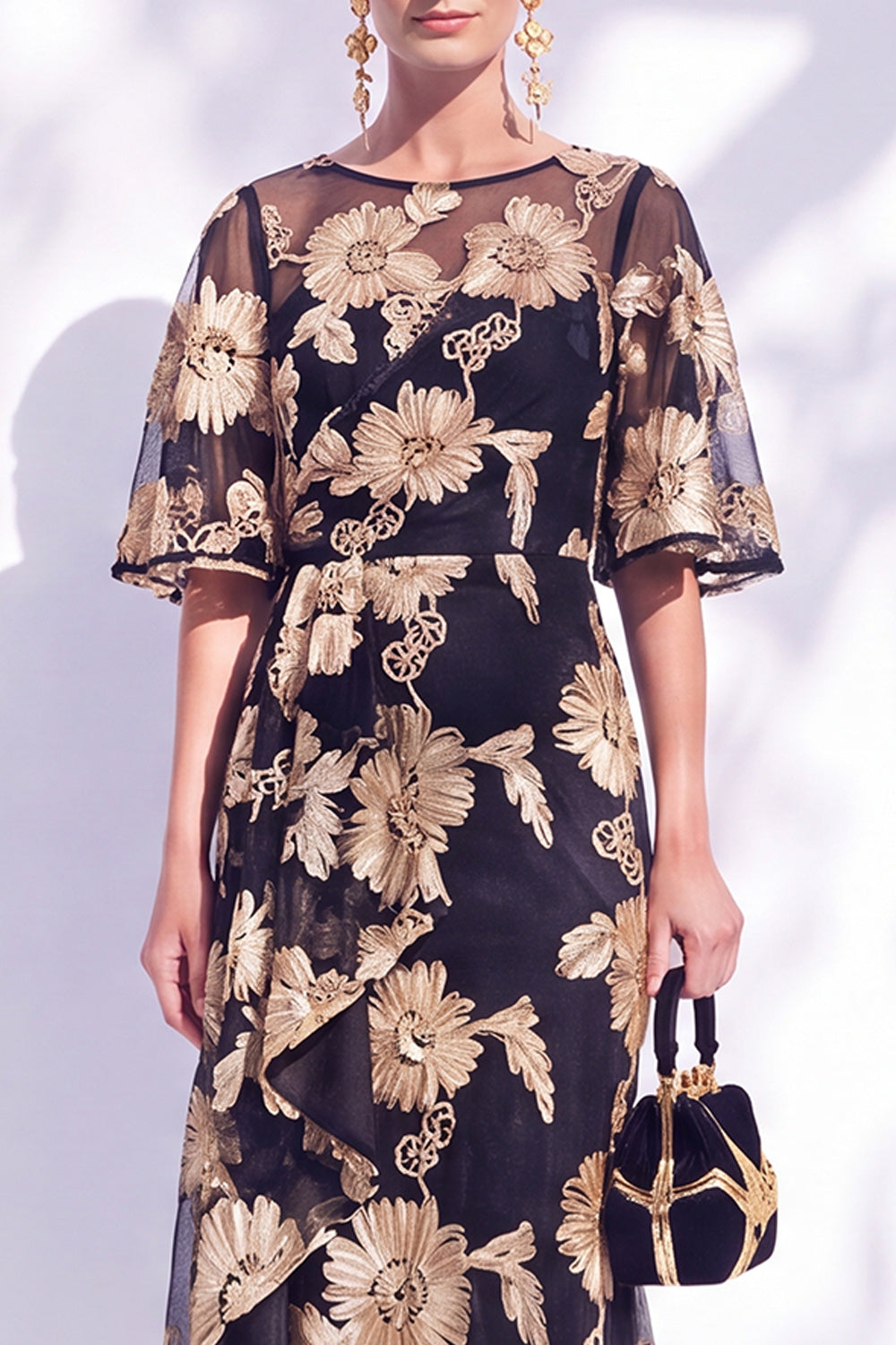 Black Champagne Floral Illusin Boat Neck Mermaid Long Mother of the Bride Dress