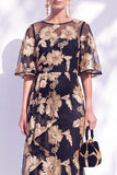 Black Champagne Floral Illusin Boat Neck Mermaid Long Mother of the Bride Dress