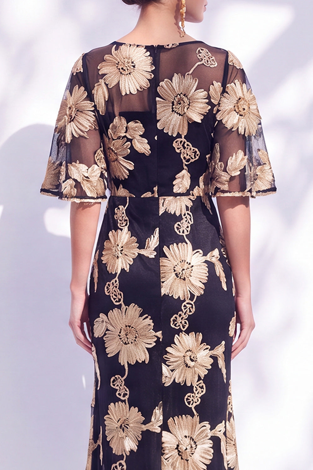 Black Champagne Floral Illusin Boat Neck Mermaid Long Mother of the Bride Dress