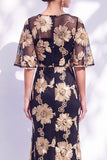 Black Champagne Floral Illusin Boat Neck Mermaid Long Mother of the Bride Dress