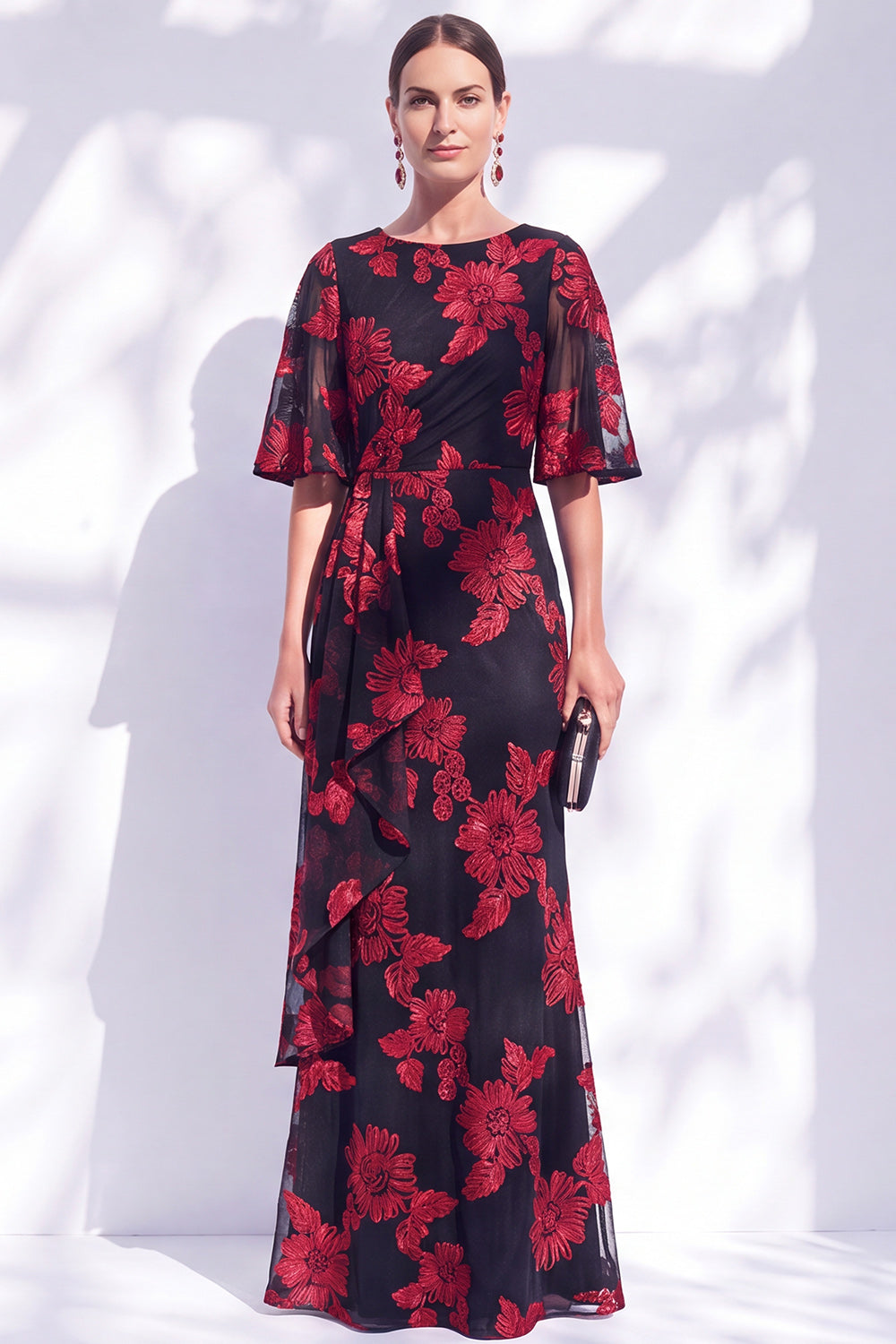 Black Champagne Floral Illusin Boat Neck Mermaid Long Mother of the Bride Dress