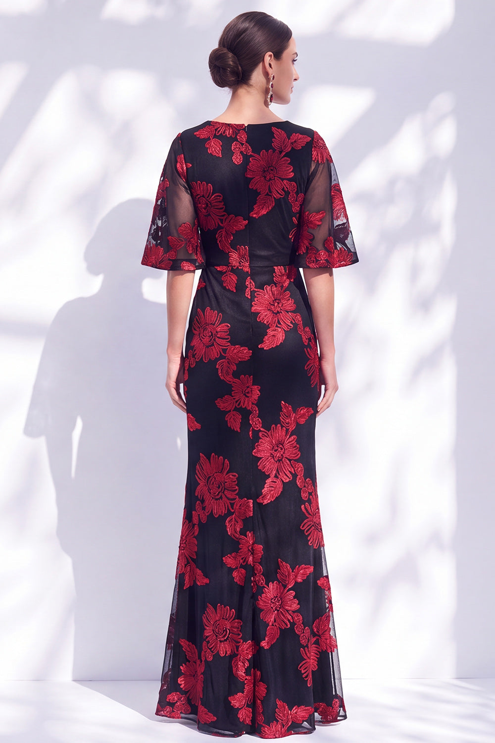 Black Champagne Floral Illusin Boat Neck Mermaid Long Mother of the Bride Dress